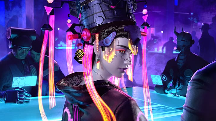 cyberpunk, geisha, digital art, HD wallpaper