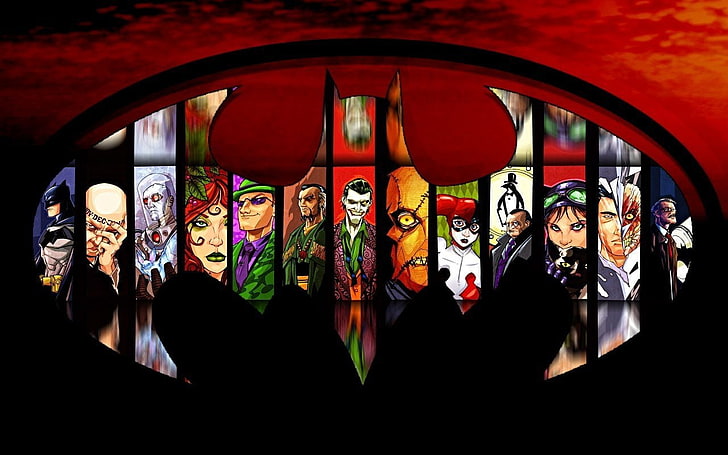 Comics, DC Comics, Batman, Collage, Bande dessinée, Harley Quinn, Joker, Logo, M. Freeze (DC Comics), Pingouin (DC Comics), Poison Ivy, Riddler, Deux faces, Fond d'écran HD