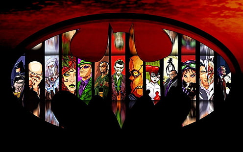 Comics, DC Comics, Batman, Collage, Comic, Harley Quinn, Joker, Logo, Mr. Freeze (DC Comics), Penguin (DC Comics), Poison Ivy, Riddler, Two-Face, HD tapet HD wallpaper