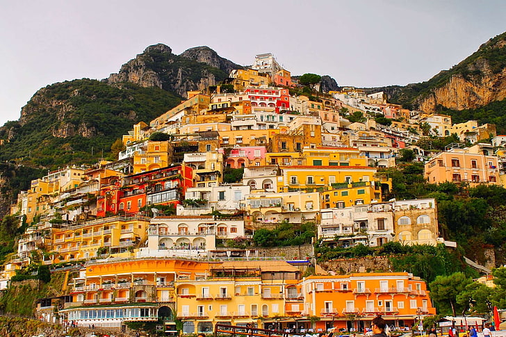 city, cliff, colorful, colors, hdr, holiday, home, houses, italy, mountains, positano, seaside, tourism, town, urban, vacation, HD wallpaper