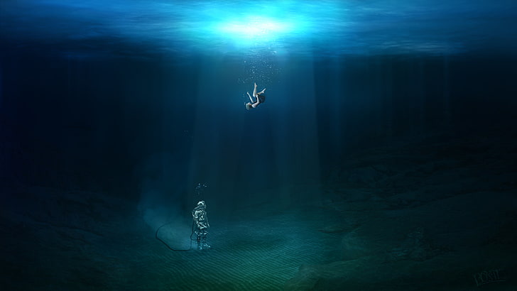 air, bawah air, seni digital, penyelam, perempuan, tenggelam, sinar matahari, gelembung, Wallpaper HD