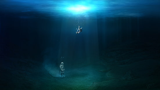 water, underwater, digital art, divers, women, drowning, sun rays, bubbles, HD wallpaper HD wallpaper