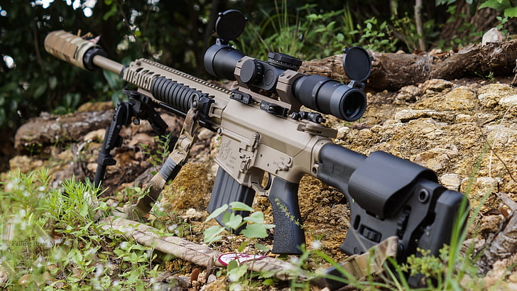 black and brown sniping rifle, gun, rifles, sniper rifle, M110 SASS, AR-10, suppressors, scopes, HD wallpaper