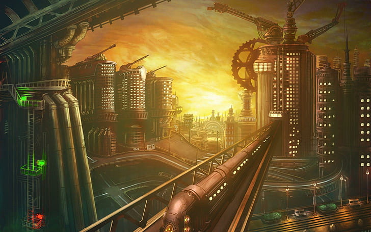 Paisaje urbano futurista, ciudad industrializada y animación de trenes, fantasía, 1920x1200, edificio, nube, ciudad, tren, futuro, Fondo de pantalla HD