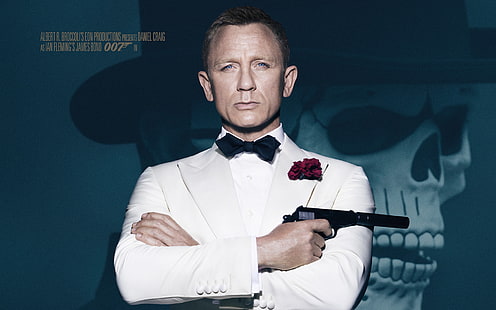 sfondo di James Bond-Spectre DVD, pistola, sfondo, teschio, cappello, agente, in bianco, James Bond, Daniel Craig, 007, silenziatore, costume, 007: GAMMA, SPETTRO, Sfondo HD HD wallpaper