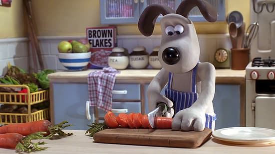 Wallace och Gromit, The Curse of the Were-Rabbit, filmer, filmstillbilder, hund, kök, bord, kniv, morötter, tallrikar, HD tapet HD wallpaper