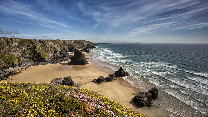 paisaje, Inglaterra, costa, Cornualles del norte, naturaleza, mar, Fondo de pantalla HD