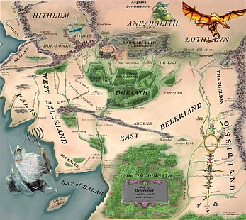 map game application, map, The Lord Of The Rings, John Ronald Reuel Tolkien, Christopher Tolkien, Arda, Quenta Silmarillion, Middle earth, Middle-earth, Elven Kingdom, Doriath, Angband, Semirechye, Ossiriand, The doryatha, Nargothrond, The Silmarillion, Gondolin, a map of Beleriand, Elven Realms, HD wallpaper HD wallpaper