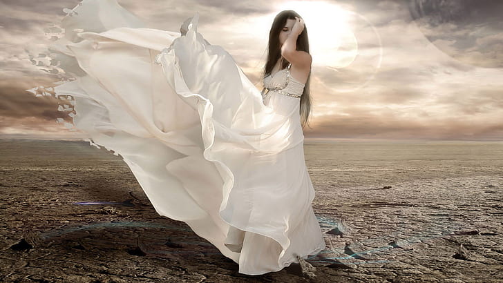 Wind Dress Light Girl HD, женское белое платье-майка, фэнтези, девушка, свет, платье, ветер, HD обои