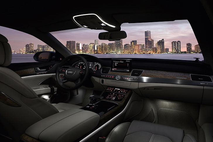 gray Audi vehicle interior, night, the city, darkness, tree, Audi, leather, salon, A8 2012, HD wallpaper