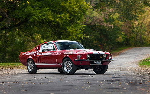 röd Ford Mustang coupe, bakgrund, Mustang, Ford, Shelby, GT500, Muscle car, med LeMans stripes alternativ, HD tapet HD wallpaper