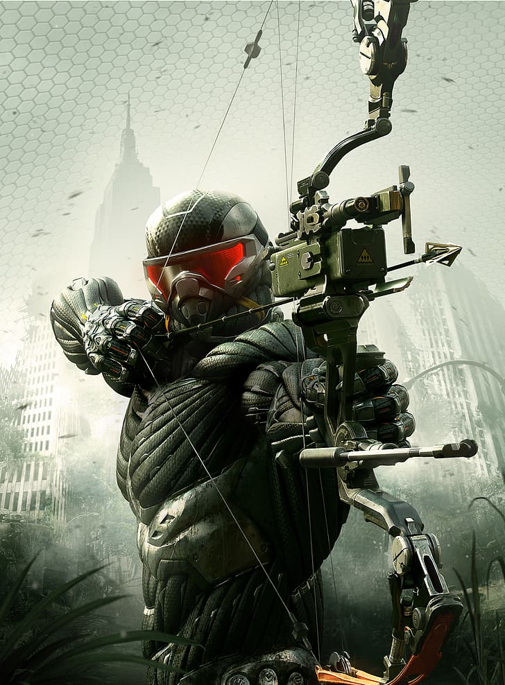 video game art, video games, Crysis 3, bow and arrow, portrait display, armored, HD wallpaper