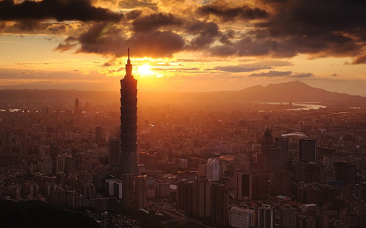 101, buildings, cities, cityscapes, clouds, skyscrapers, sunset, taipei, taiwan, HD wallpaper