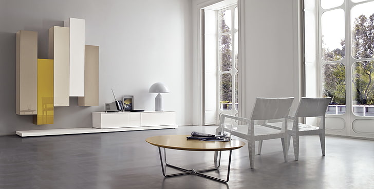 bianco, giallo, piano, tavolo, mobilio, interno, sedia, moderno, Sfondo HD