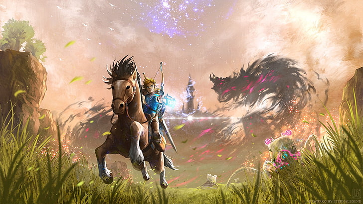 Bogenschütze reitet braunes Pferd, Die Legende von Zelda, Nintendo, Link, Videospiele, Die Legende von Zelda: Atem der Wildnis, mit Wasserzeichen, HD-Hintergrundbild