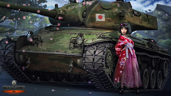 ragazza che indossa kimono rosso World Tanks sfondo digitale, ragazza, Giappone, geisha, serbatoio, carri armati, WoT, World of Tanks, Wargaming.Net, BigWorld, Nikita Bolyakov, Sfondo HD HD wallpaper