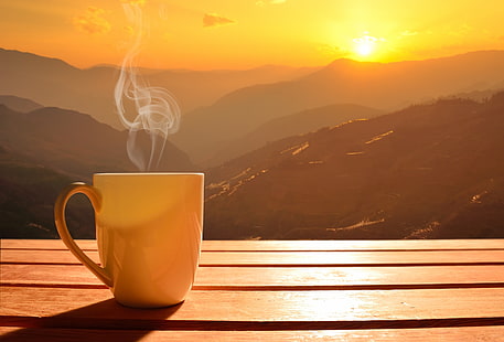 ベージュマグカップ、太陽、夜明け、コーヒー、朝、カップ、ホット、コーヒーカップ、おはよう、 HDデスクトップの壁紙 HD wallpaper