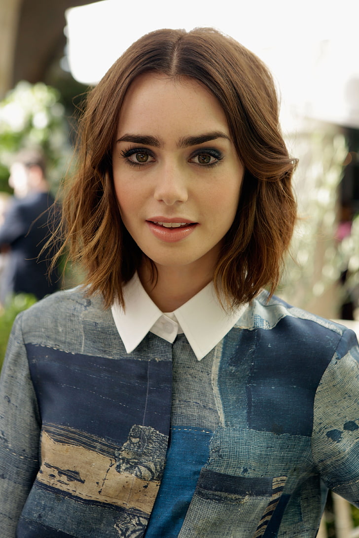 women's white and blue collared top, Lily Collins, women, brunette, brown eyes, open mouth, short hair, looking at viewer, portrait display, HD wallpaper