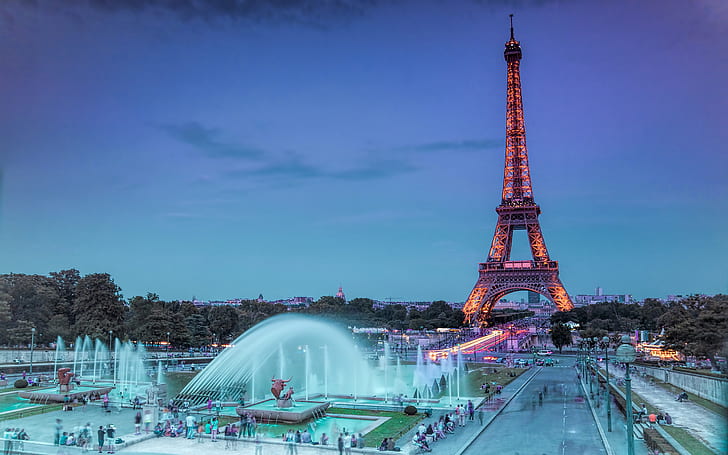 Эйфелева башня, башня, Парижский фонтан HD, городской пейзаж, башня, Париж, Эйфелева, фонтан, HD обои