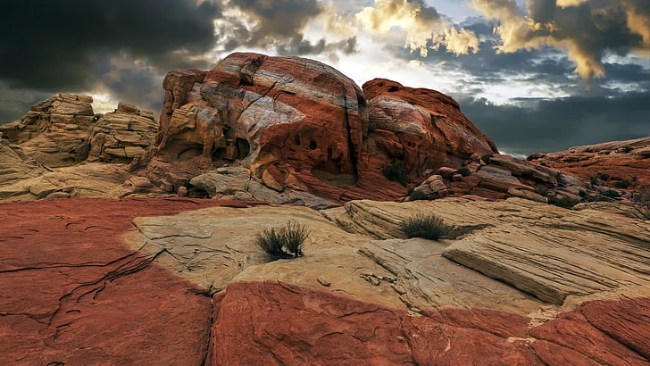 nature, landscape, clouds, Arizona, USA, mountains, valley, Valley of Fire State Park, rocks, plants, HD wallpaper
