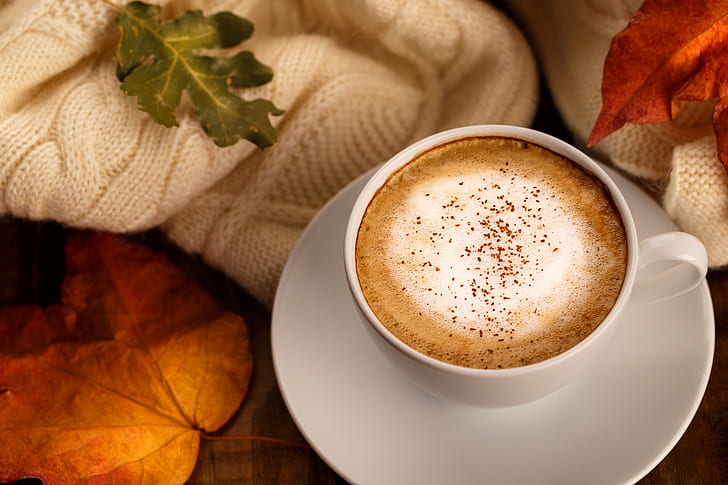 jesień, liście, tło, kolorowy, szalik, drewno, filiżanka, kawa, filiżanka kawy, klon, Tapety HD