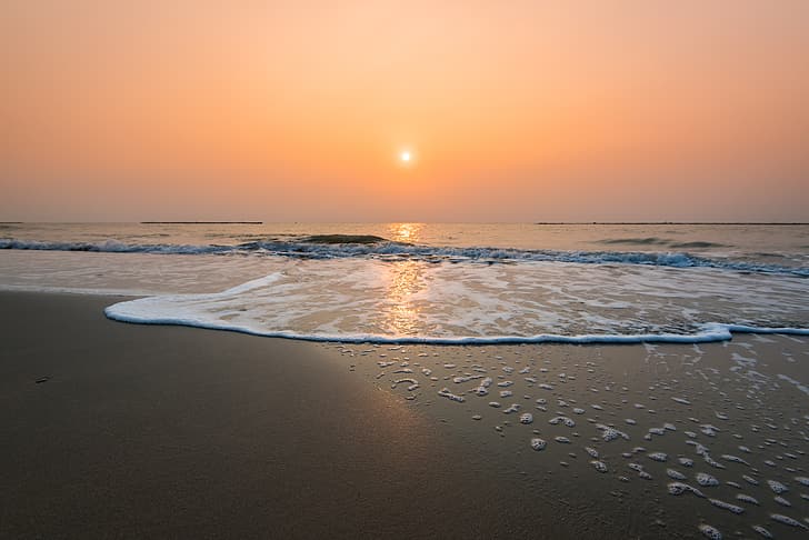Sand, Meer, Strand, Sommer, Himmel, Sonnenuntergang, Ufer, Seestück, schön, HD-Hintergrundbild