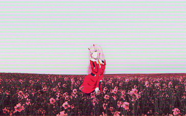 gadis anime, seni kesalahan, bunga, Sayang di FranXX, Zero Two (Sayang di FranXX), Zero Two, Wallpaper HD
