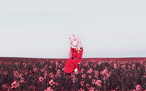 anime girls, glitch art,  flower, Darling in the FranXX, Zero Two (Darling in the FranXX), Zero Two, HD wallpaper HD wallpaper