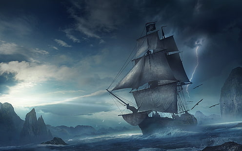 черно-белый пиратский корабль живопись, море, волна, шторм, фантастика, скалы, молния, корабль, парусник, фэнтези, арт, полёт, стая птиц, фьорд, рифы, Веселый Роджер, HD обои HD wallpaper