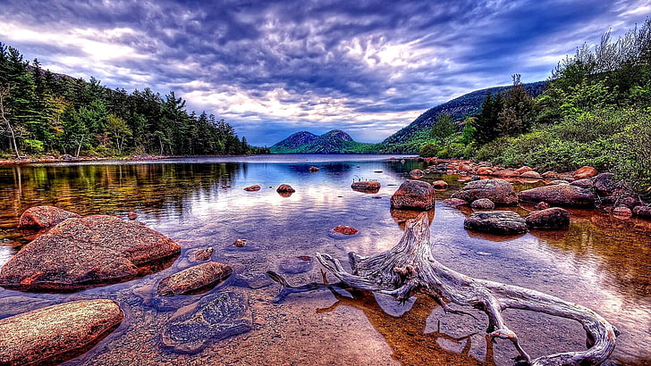 rock, united states, usa, maine, acadia national park, bank, national park, loch, landscape, cloud, reflection, jordan pond, mountain, lake, wilderness, sky, body of water, nature, water, HD wallpaper