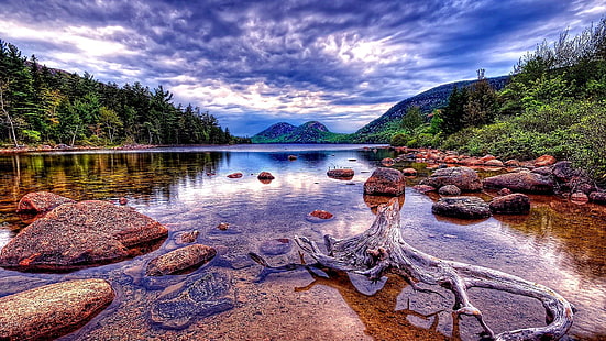 rock, united states, usa, maine, acadia national park, bank, national park, loch, landscape, cloud, reflection, jordan pond, mountain, lake, wilderness, sky, body of water, nature, water, HD wallpaper HD wallpaper