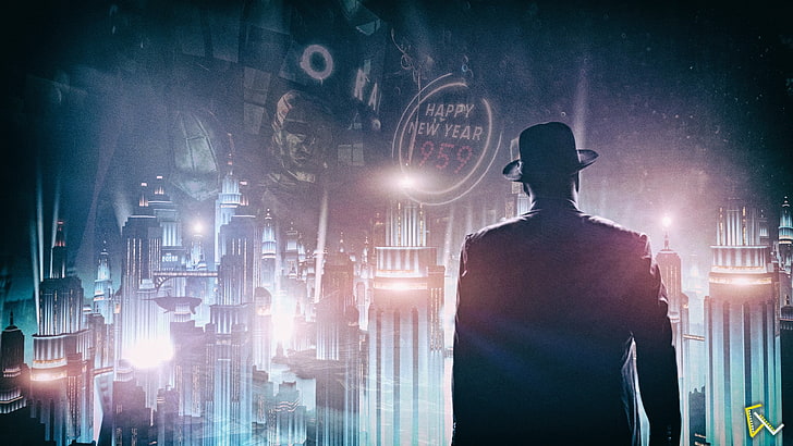 uomo in abito nero in piedi di fronte alla grafica degli edifici, BioShock Infinite: Burial at Sea, BioShock, videogiochi, paesaggio urbano, Rapture, mare, arte digitale, Photoshop, Sfondo HD