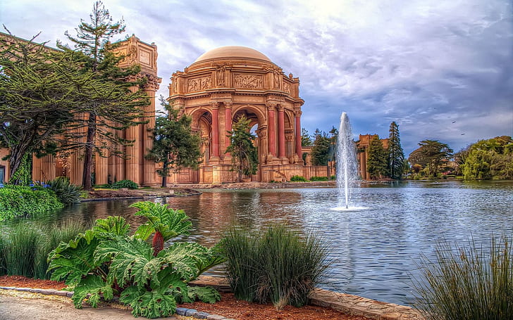 Сан-Франциско, Дворец изящных искусств, храм и фонтан в окружении деревьев, Сан-Франциско, Дворец искусств, HD обои