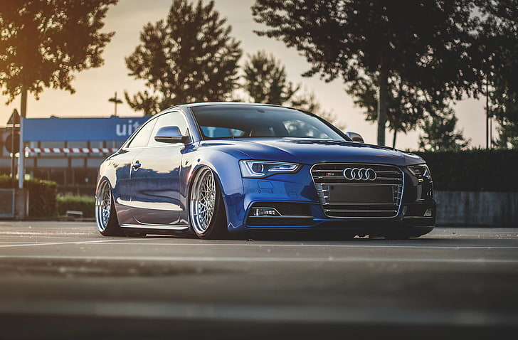 blue Audi coupe, audi, s5, tuning, wheels, side view, HD wallpaper