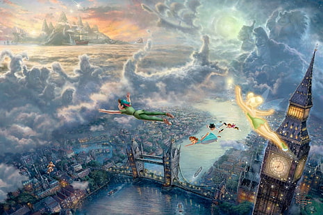 Peter Pan, gambar terbang peterpan, wendy, peter-pan, walt-disney, disney, tinkerbell, Wallpaper HD HD wallpaper