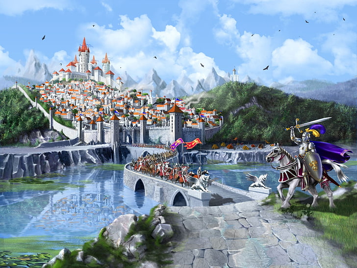knight near palace painting, forest, mountains, bridge, city, the city, lake, castle, horses, fantasy, the middle ages, knights, wood, cavalry, CG wallpapers, Middle Ages, Marina Kecman, HD wallpaper
