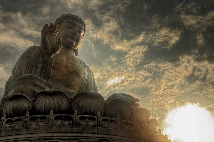 Gautama Buddha staty, himlen, solen, moln, staty, Buddha, HD tapet