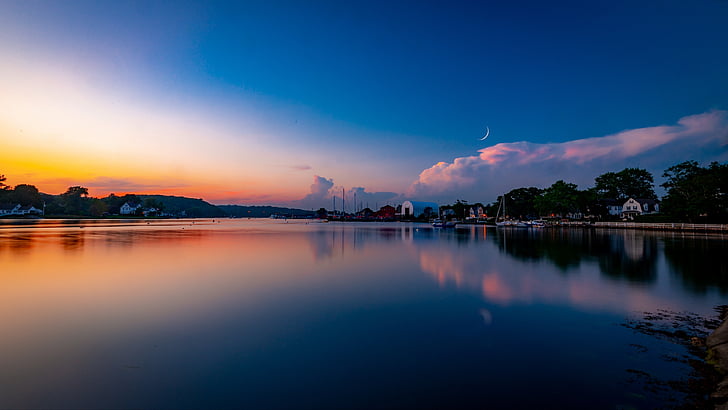 horizon, reflection, sky, moon, water, landscape, twilight, lake, calm, evening, afterglow, dusk, sunset, HD wallpaper