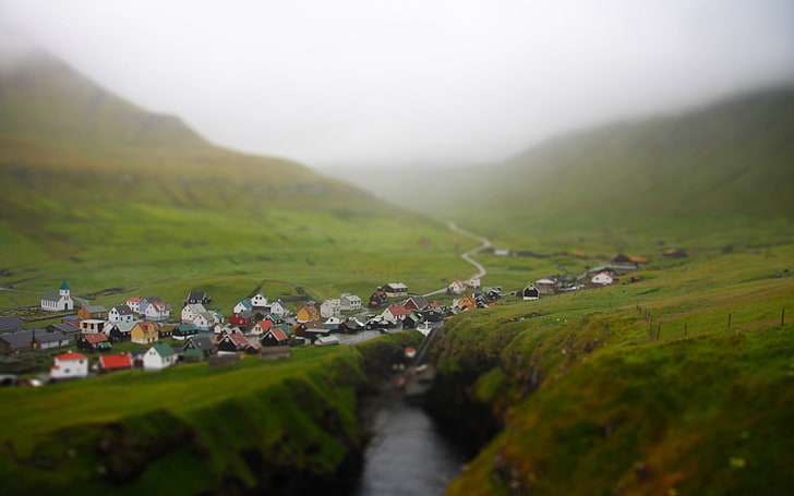 grasbedeckter Boden, Häuser auf grüner Wiese während des Tages, Natur, Landschaft, Fluss, Nebel, Neigungsverschiebung, HD-Hintergrundbild