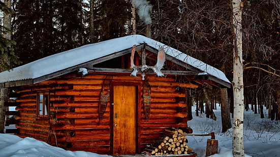 Alaska, zima, chata z bali, dom, szopa, szopa, chata, dom, chata, drewno, drzewo, zamrażanie, śnieg, Tapety HD HD wallpaper
