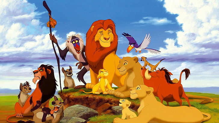 Ilustração de personagens do rei leão, macaco, Timon, o rei leão, Pumba, Nala, Simba, Timão e Pumba, hienas, HD papel de parede