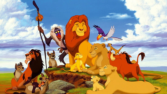 Иллюстрация символов короля льва, обезьяна, тимон, король лев, пумба, нала, симба, тимон и пумба, гиены, HD обои HD wallpaper