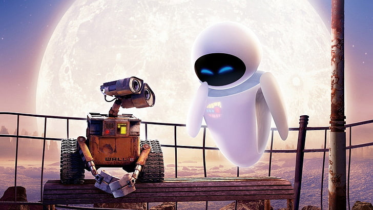 Disney Wall-E y Eve, Disney, Disney Pixar, WALL · E, Eva, Moon, robot, WALL-E, Fondo de pantalla HD