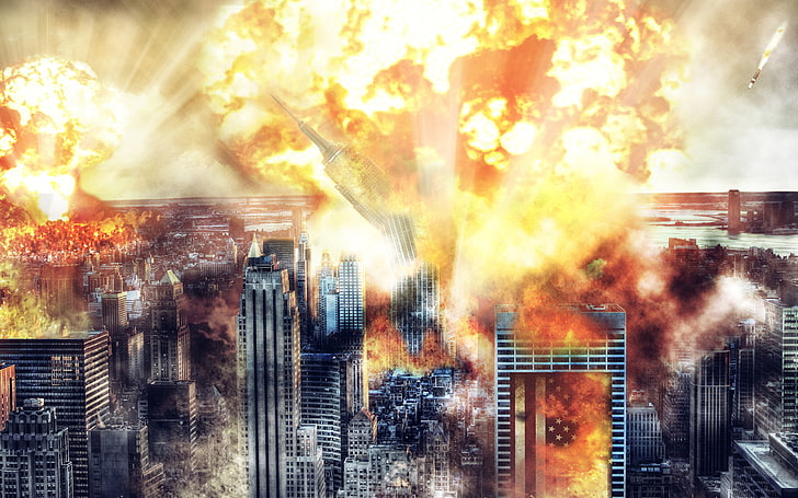 città in fiamme illustrazione, esplosione atomica, una bomba nucleare, arrivederci america, Sfondo HD