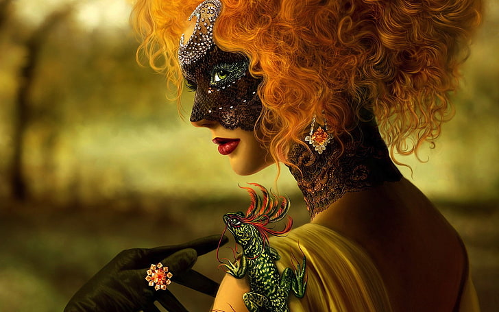 маска, женщины, рыжая, венецианские маски, лицо, фэнтези арт, фэнтези девушка, HD обои