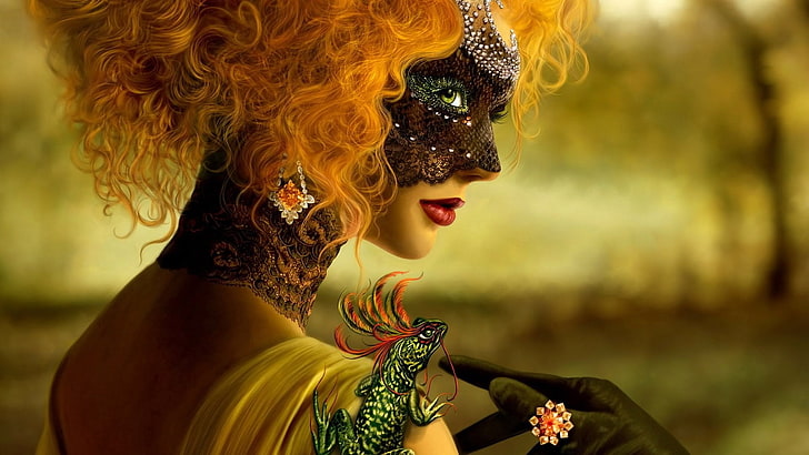 brown masquerade mask, girl, mask, masquerade, make-up, HD wallpaper