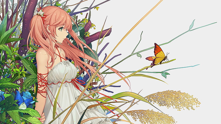 gadis anime, kupu-kupu, Wallpaper HD