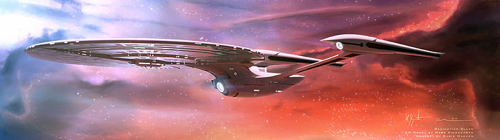 USS Enterprise (vaisseau spatial), nébuleuse, deux moniteurs, espace, Star Trek, affichage multiple, Fond d'écran HD