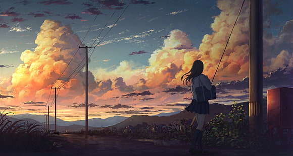 аниме пейзаж, аниме момиче, облаци, живописно, небе, аниме, HD тапет HD wallpaper