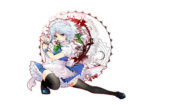 stockings, white background, knives, uniform, the maid, art, stand, pigtail, ruffles, Izayoi Sakuya, the magic circle, Touhou Project, Project East, Potesara, HD wallpaper